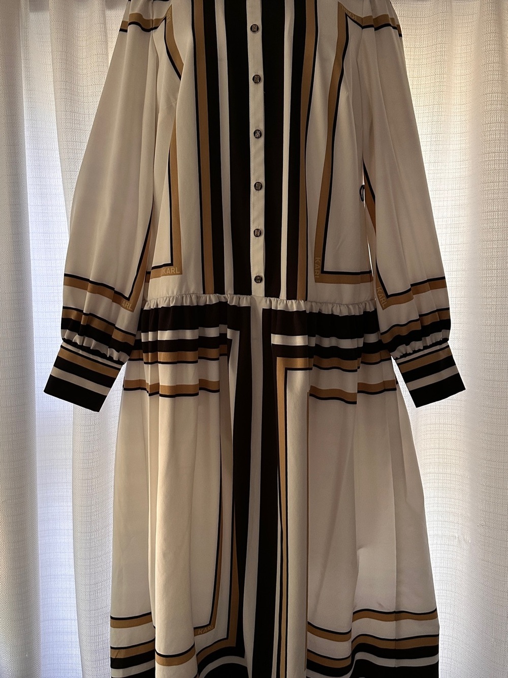 Karl Lagerfeld Paris White Midi Shirt Dress with Black and Tan Stripes - Picture 4 of 14